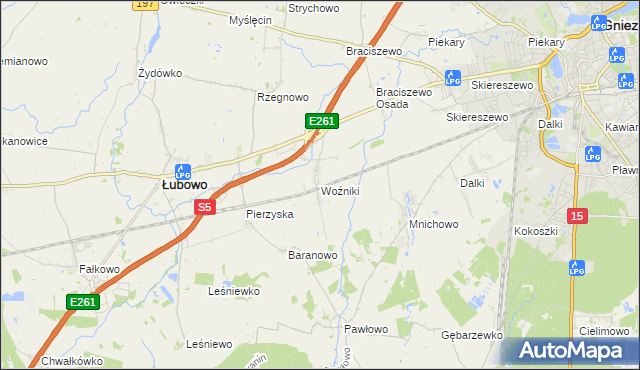 mapa Woźniki gmina Łubowo, Woźniki gmina Łubowo na mapie Targeo