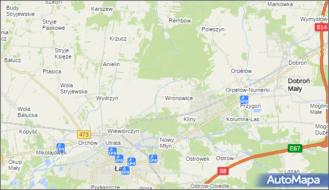 mapa Wronowice gmina Łask, Wronowice gmina Łask na mapie Targeo