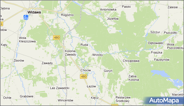 mapa Wrzosy gmina Widawa, Wrzosy gmina Widawa na mapie Targeo