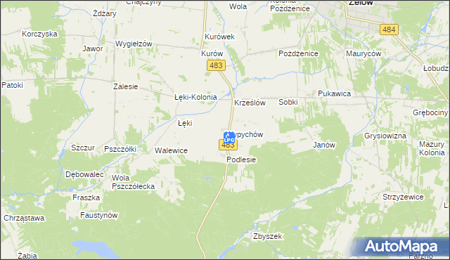 mapa Wypychów gmina Zelów, Wypychów gmina Zelów na mapie Targeo