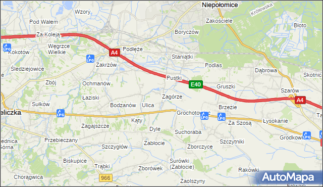 mapa Zagórze gmina Niepołomice, Zagórze gmina Niepołomice na mapie Targeo