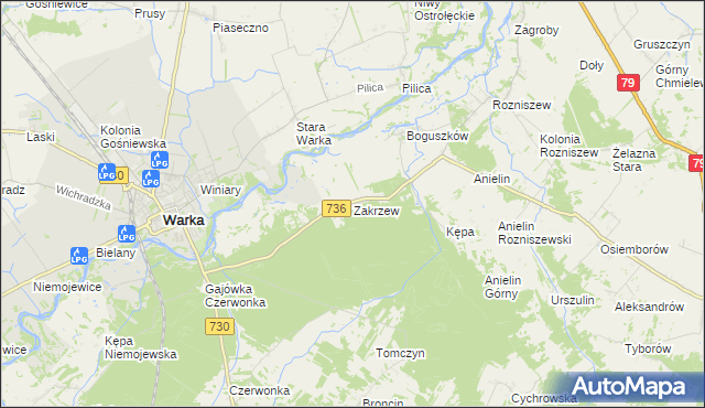 mapa Zakrzew gmina Grabów nad Pilicą, Zakrzew gmina Grabów nad Pilicą na mapie Targeo