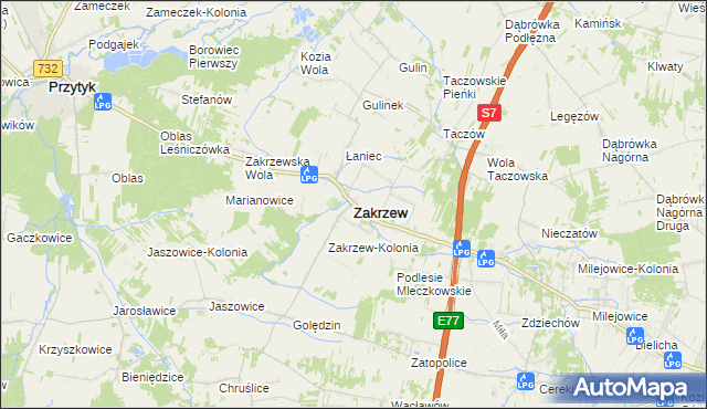 mapa Zakrzew powiat radomski, Zakrzew powiat radomski na mapie Targeo