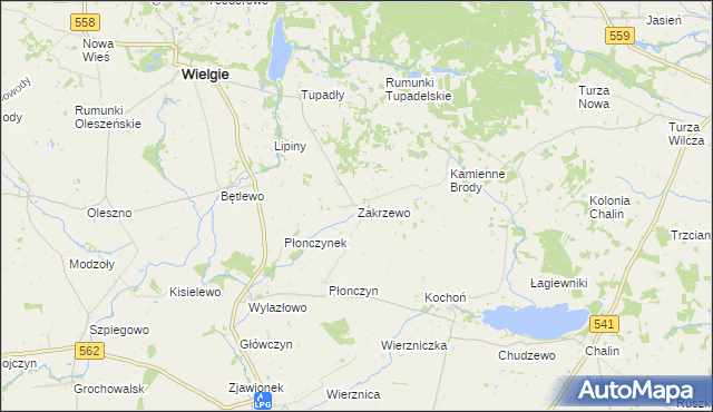 mapa Zakrzewo gmina Wielgie, Zakrzewo gmina Wielgie na mapie Targeo