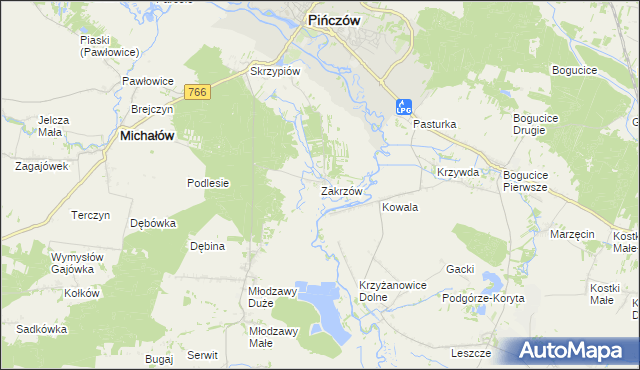 mapa Zakrzów gmina Pińczów, Zakrzów gmina Pińczów na mapie Targeo