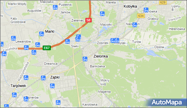 mapa Zielonka powiat wołomiński, Zielonka powiat wołomiński na mapie Targeo