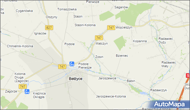 mapa Zosin gmina Bełżyce, Zosin gmina Bełżyce na mapie Targeo