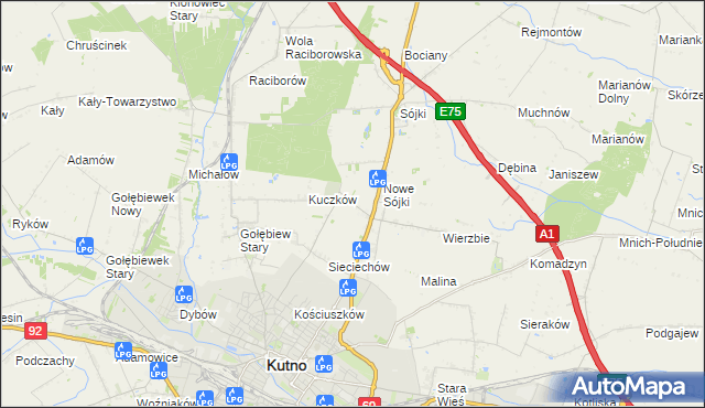 mapa Żurawieniec gmina Kutno, Żurawieniec gmina Kutno na mapie Targeo