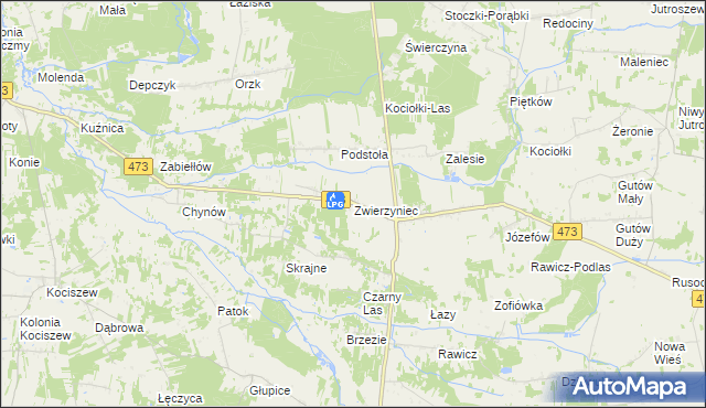 mapa Zwierzyniec gmina Drużbice, Zwierzyniec gmina Drużbice na mapie Targeo