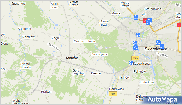 mapa Zwierzyniec gmina Maków, Zwierzyniec gmina Maków na mapie Targeo