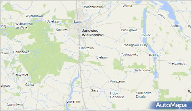 mapa Bielawy gmina Janowiec Wielkopolski, Bielawy gmina Janowiec Wielkopolski na mapie Targeo