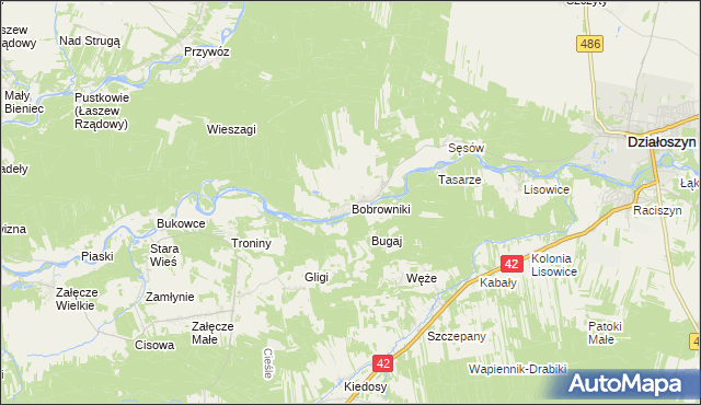 mapa Bobrowniki gmina Działoszyn, Bobrowniki gmina Działoszyn na mapie Targeo
