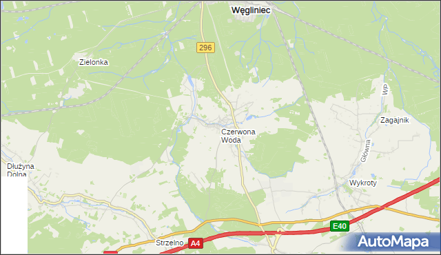 mapa Czerwona Woda gmina Węgliniec, Czerwona Woda gmina Węgliniec na mapie Targeo