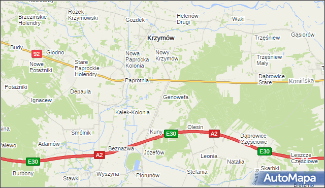 mapa Genowefa gmina Krzymów, Genowefa gmina Krzymów na mapie Targeo