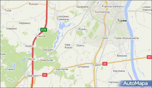 mapa Śliwiny gmina Tczew, Śliwiny gmina Tczew na mapie Targeo