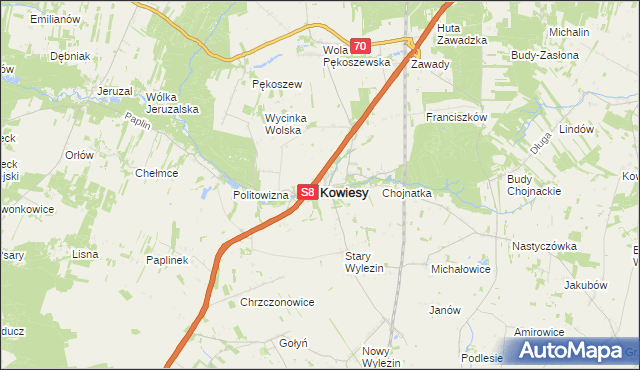 mapa Kowiesy powiat skierniewicki, Kowiesy powiat skierniewicki na mapie Targeo