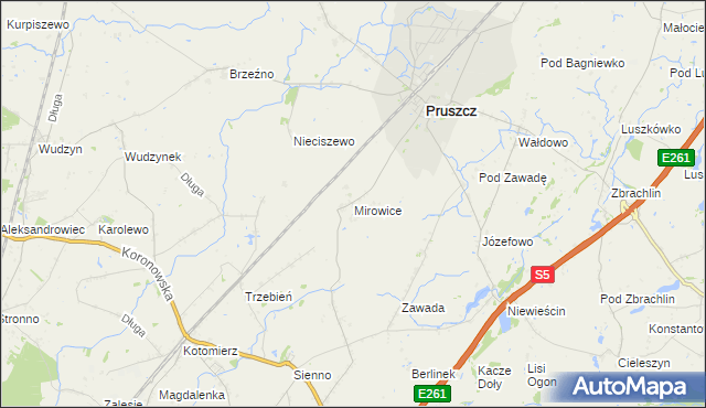 mapa Mirowice gmina Pruszcz, Mirowice gmina Pruszcz na mapie Targeo