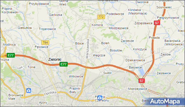 mapa Węgrzce gmina Zielonki, Węgrzce gmina Zielonki na mapie Targeo