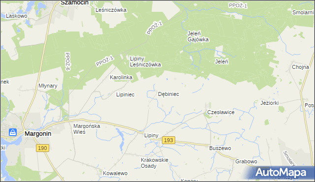 mapa Dębiniec gmina Margonin, Dębiniec gmina Margonin na mapie Targeo