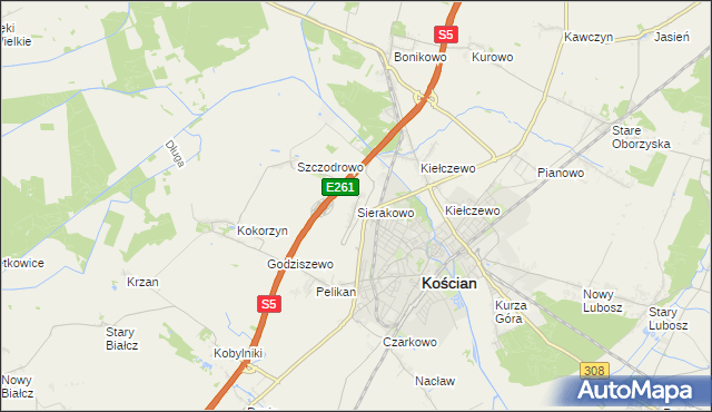 mapa Sierakowo gmina Kościan, Sierakowo gmina Kościan na mapie Targeo