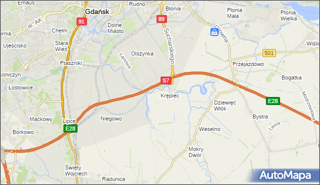 mapa Krępiec gmina Pruszcz Gdański, Krępiec gmina Pruszcz Gdański na mapie Targeo