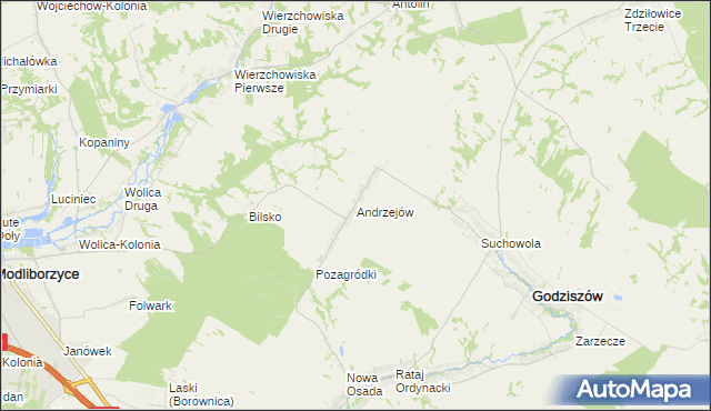 mapa Andrzejów gmina Godziszów, Andrzejów gmina Godziszów na mapie Targeo