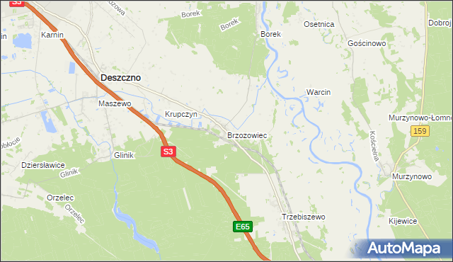 mapa Brzozowiec gmina Deszczno, Brzozowiec gmina Deszczno na mapie Targeo