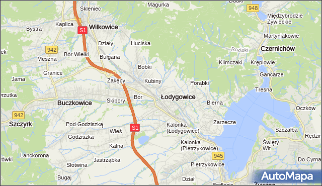 mapa Łodygowice powiat żywiecki, Łodygowice powiat żywiecki na mapie Targeo