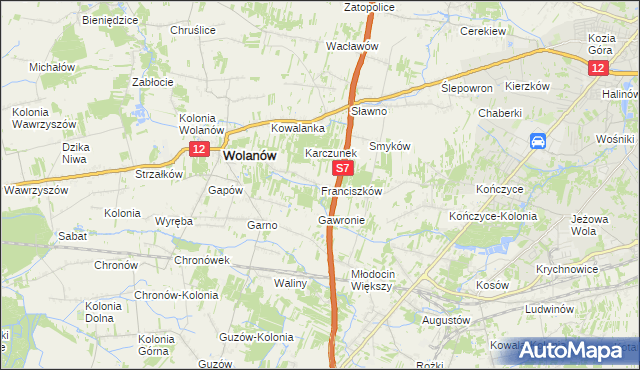 mapa Franciszków gmina Wolanów, Franciszków gmina Wolanów na mapie Targeo
