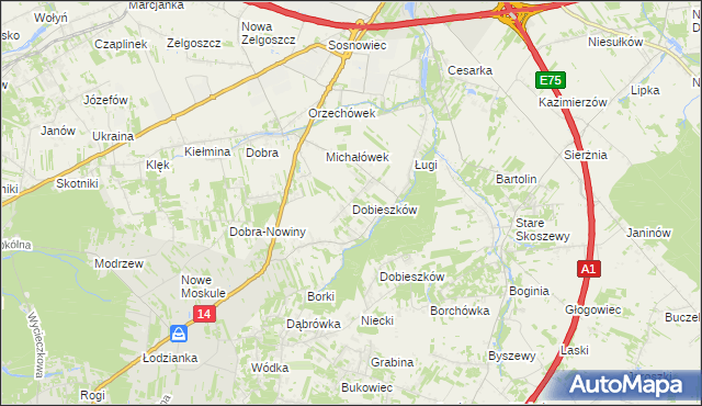 mapa Dobieszków gmina Stryków, Dobieszków gmina Stryków na mapie Targeo