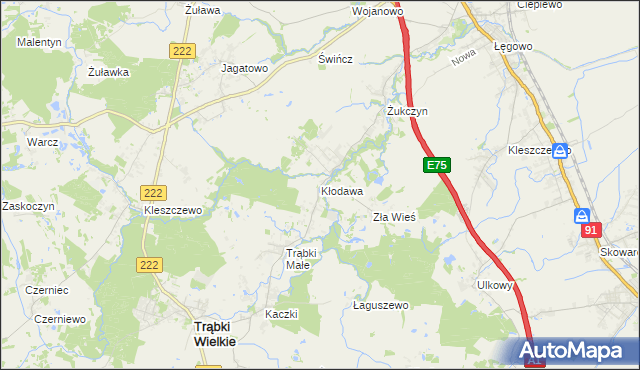 mapa Kłodawa gmina Trąbki Wielkie, Kłodawa gmina Trąbki Wielkie na mapie Targeo