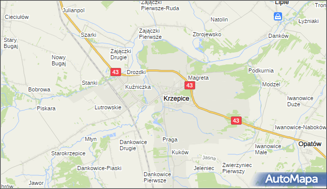 mapa Krzepice powiat kłobucki, Krzepice powiat kłobucki na mapie Targeo