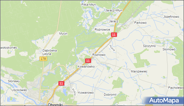 mapa Rożnowo gmina Oborniki, Rożnowo gmina Oborniki na mapie Targeo