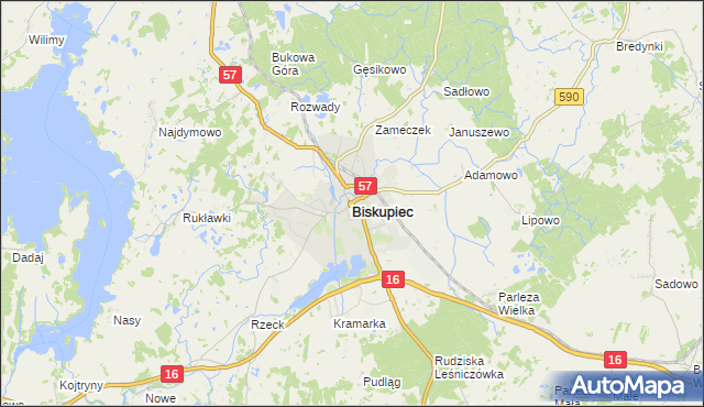 mapa Biskupiec powiat olsztyński, Biskupiec powiat olsztyński na mapie Targeo