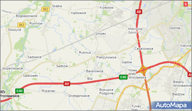 mapa Pietrzykowice gmina Kąty Wrocławskie, Pietrzykowice gmina Kąty Wrocławskie na mapie Targeo