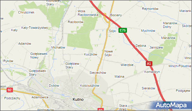 mapa Żurawieniec gmina Kutno, Żurawieniec gmina Kutno na mapie Targeo