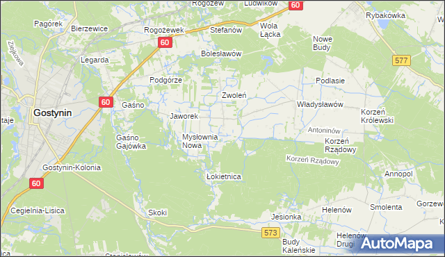 mapa Bielawy gmina Gostynin, Bielawy gmina Gostynin na mapie Targeo