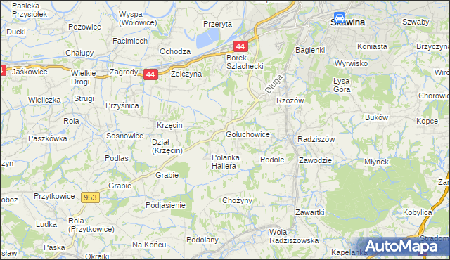 mapa Gołuchowice gmina Skawina, Gołuchowice gmina Skawina na mapie Targeo