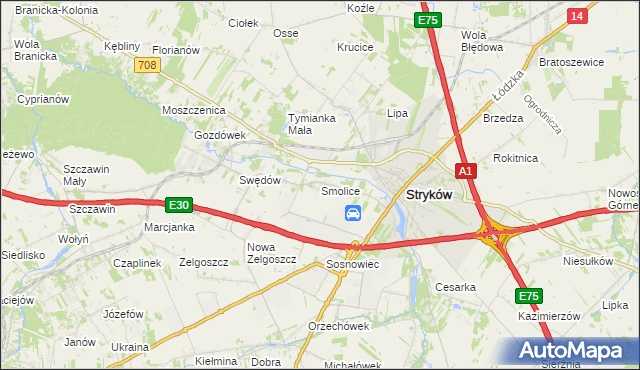 mapa Smolice gmina Stryków, Smolice gmina Stryków na mapie Targeo
