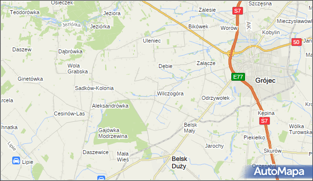 mapa Wilczogóra gmina Belsk Duży, Wilczogóra gmina Belsk Duży na mapie Targeo