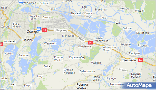 mapa Włosienica gmina Oświęcim, Włosienica gmina Oświęcim na mapie Targeo