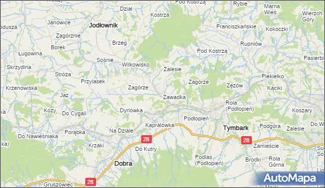 mapa Zawadka gmina Tymbark, Zawadka gmina Tymbark na mapie Targeo