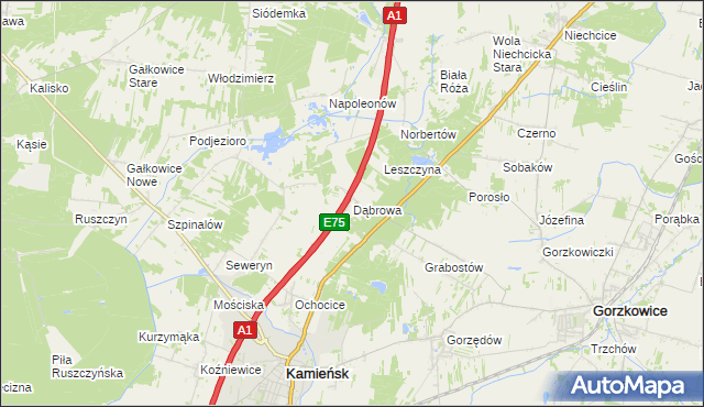 mapa Dąbrowa gmina Kamieńsk, Dąbrowa gmina Kamieńsk na mapie Targeo