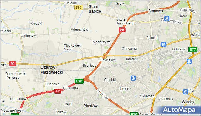 mapa Jawczyce gmina Ożarów Mazowiecki, Jawczyce gmina Ożarów Mazowiecki na mapie Targeo