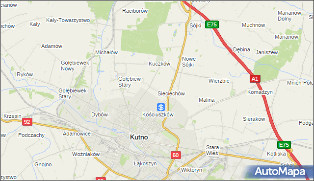 mapa Sieciechów gmina Kutno, Sieciechów gmina Kutno na mapie Targeo