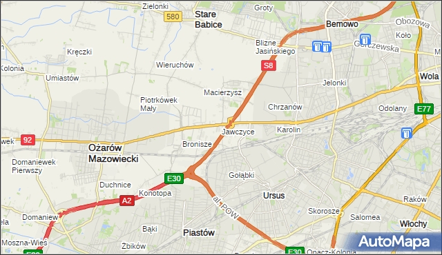 mapa Jawczyce gmina Ożarów Mazowiecki, Jawczyce gmina Ożarów Mazowiecki na mapie Targeo