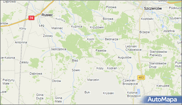 mapa Andrzejów gmina Rusiec, Andrzejów gmina Rusiec na mapie Targeo
