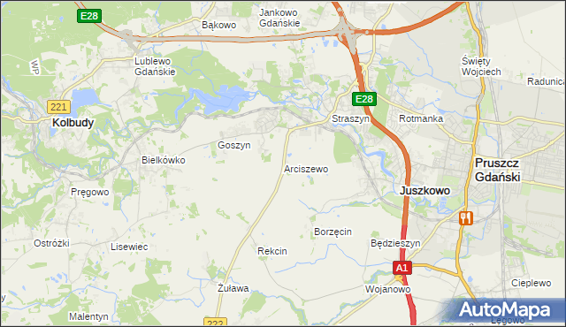 mapa Arciszewo gmina Pruszcz Gdański, Arciszewo gmina Pruszcz Gdański na mapie Targeo