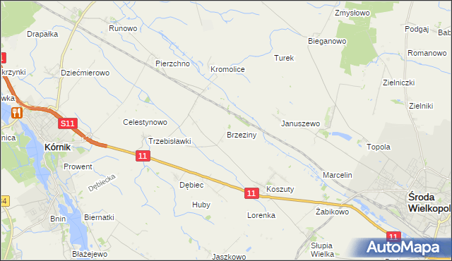 mapa Brzeziny gmina Środa Wielkopolska, Brzeziny gmina Środa Wielkopolska na mapie Targeo