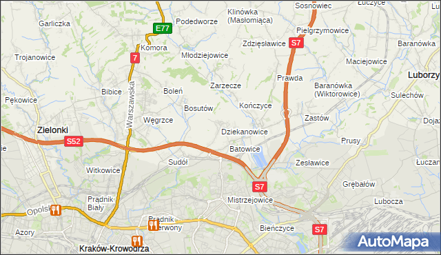 mapa Dziekanowice gmina Zielonki, Dziekanowice gmina Zielonki na mapie Targeo